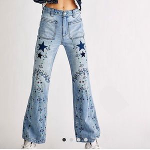 Free People Delphine Embroidered High Rise Flare Jeans Size 26
